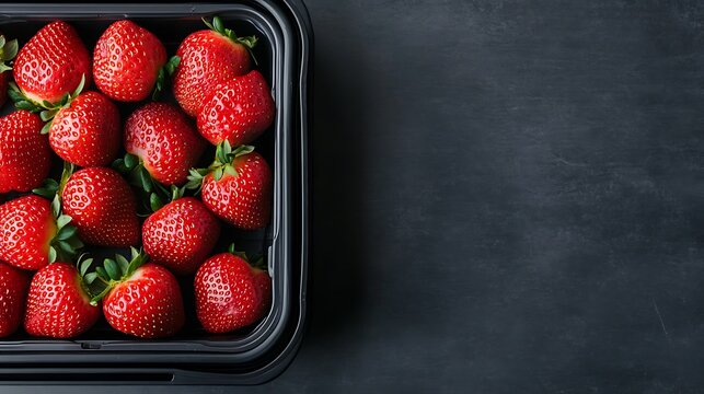 Ripe Strawberries in container on counter, copy space for snack ad, nutrition blog