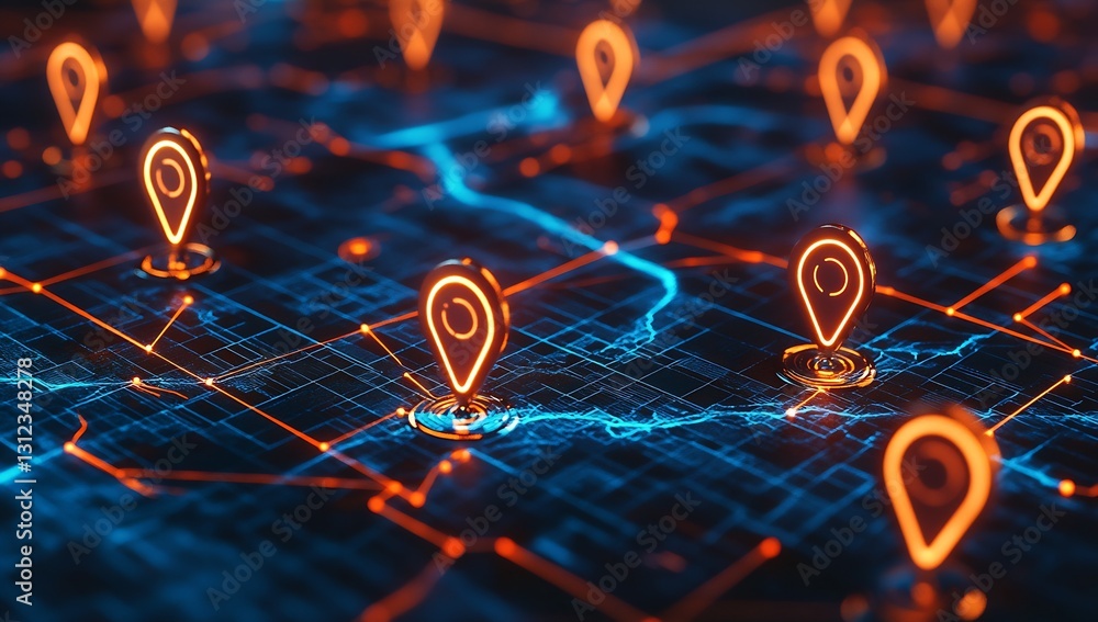 Aufkleber Vibrant digital connectivity with multiple glowing location markers across a grid network : Generative AI