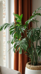 vibrant monstera deliciosa plant in a white pot sits near a window