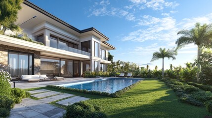 A luxurious modern home with swimming pool and landscaping