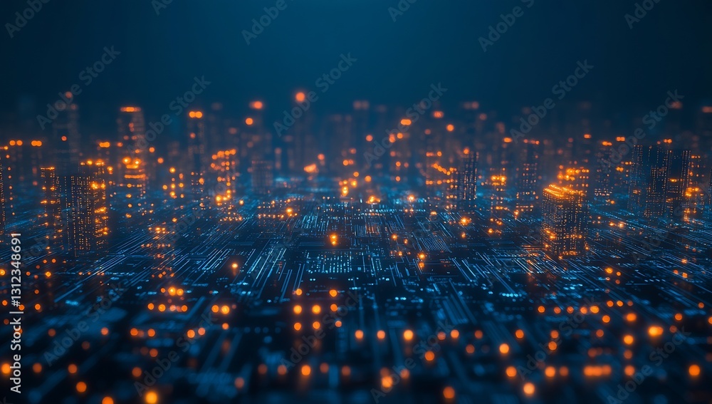 Leinwandbilder Illuminated skyline of digital city with glowing nodes signifying advanced technology and connectivity : Generative AI