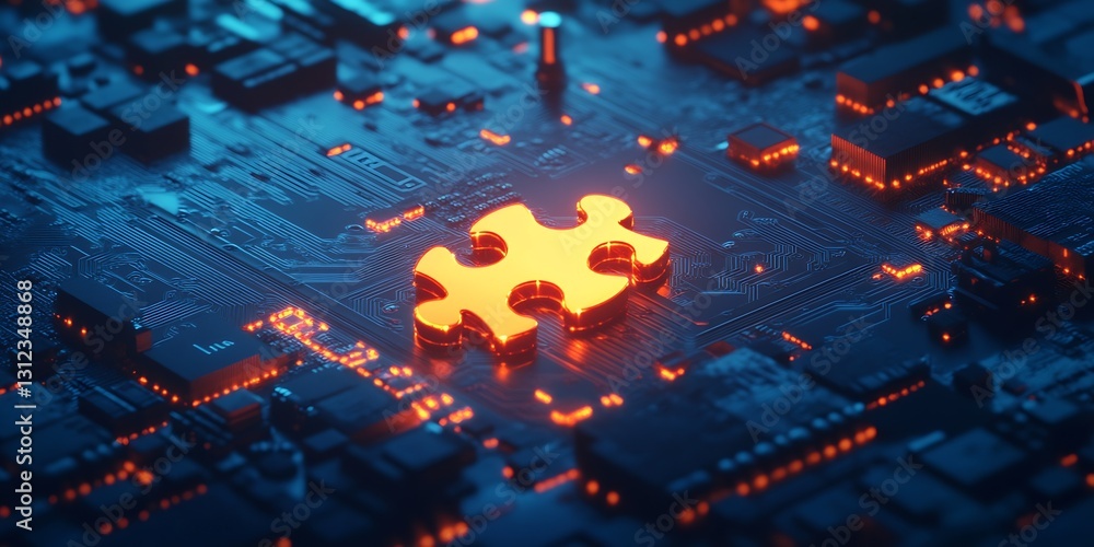 Poster prominent golden puzzle piece set atop a blue-lit circuit board conveying modern technology and desi