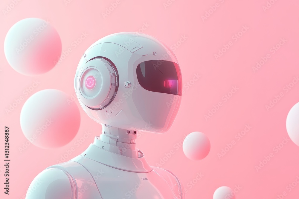 Poster futuristic robot with glossy surface and colorful background elements