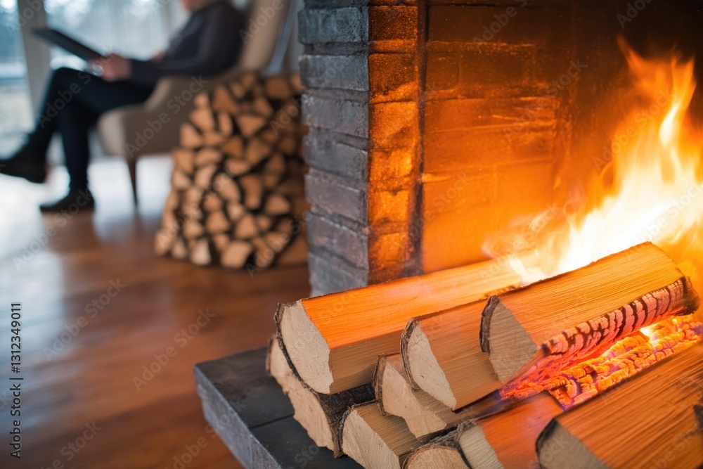 Poster dynamic image of roaring fireplace with stack of firewood beside it person reading in chair visible 