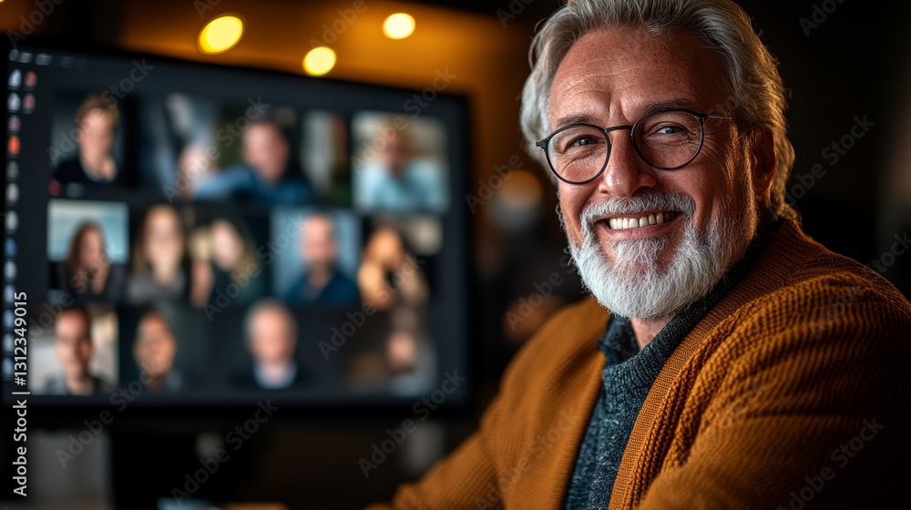 Poster Man with glasses is smiling at the camera in front of a computer monitor. The monitor shows a group of people on the screen