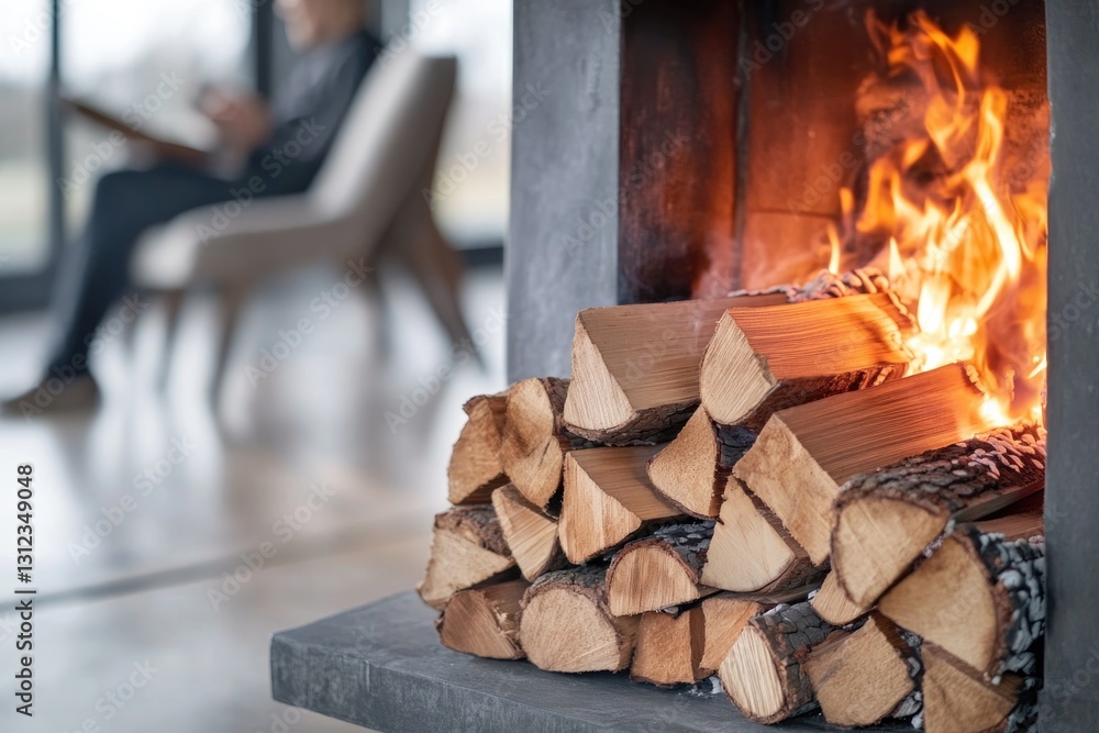 Poster dynamic image of roaring fireplace with stack of firewood beside it person reading in chair visible 