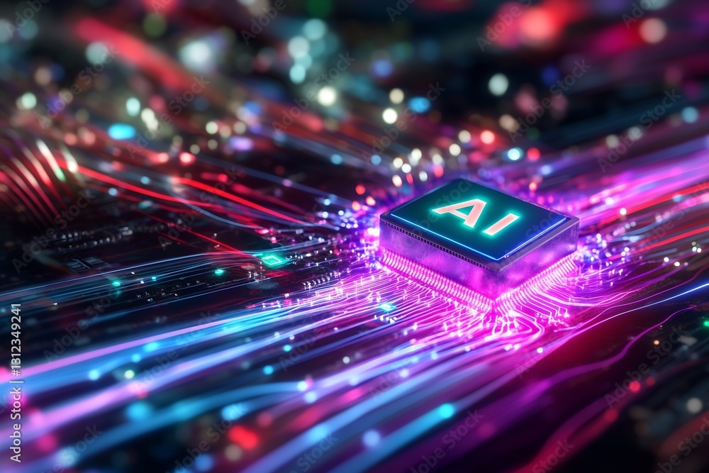 Poster Glowing AI Processor Chip Transmitting Bright Data Signals in a Tech Environment : Generative AI