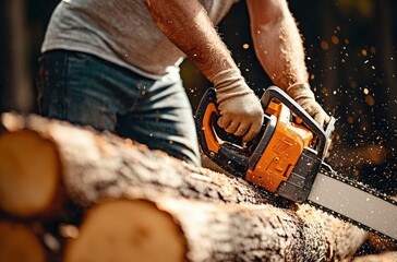 Lumberjack Cutting Wood with Chainsaw, Flying Sawdust