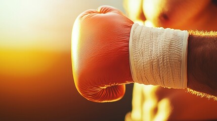 Boxer’s Fist in Red Glove Wrapped in Bandages at Sunset