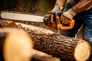 Lumberjack Cutting Wood with Chainsaw, Flying Sawdust