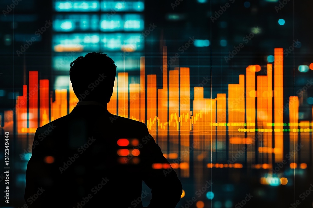 Poster a man is standing in front of a computer screen with a graph of numbers