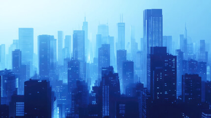 Fototapeta premium Futuristic blue cityscape skyline at dawn with skyscrapers