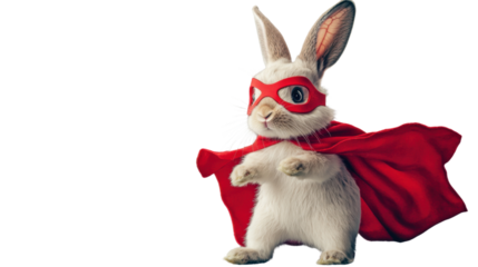 Superhero white rabbit wearing red mask and cape on transparent background
