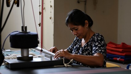 Skilled Craftswoman Operating a Traditional Textile Loom