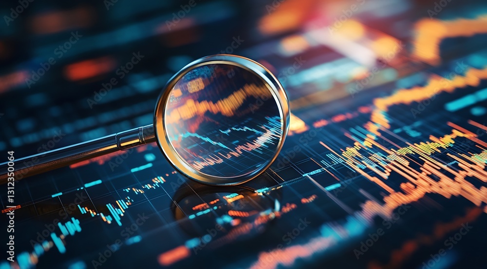 Poster close up of a magnifying glass focusing on financial market charts showcasing data trends and fluctu