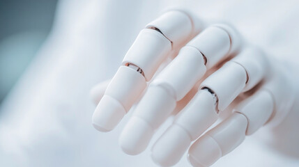 close up of robotic hand showcasing its articulated fingers and sleek design, symbolizing advanced technology and innovation