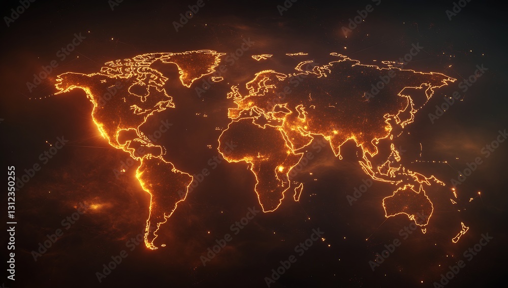 Poster Illuminated World Map with Glowing Orange Lines Representing Data Connections Across Continents : Generative AI