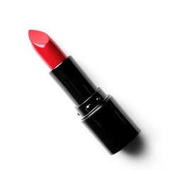 Vibrant red lipstick on black tube with smooth texture and glossy finish