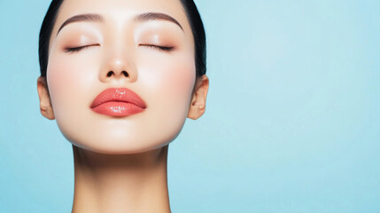 serene portrait of woman with closed eyes, showcasing flawless skin and glossy lips against light blue background. image conveys tranquility and beauty