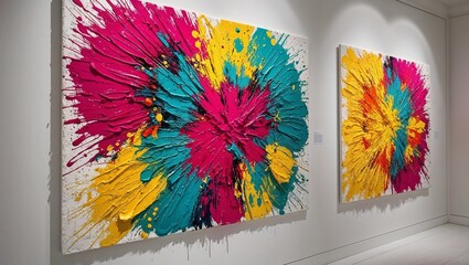 Bold colors splatter and burst together in an energetic canvas design.