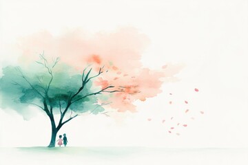 Obraz premium gentle watercolor illustration portrays serene mother-child scene under blossoming tree delicate petals float in breeze