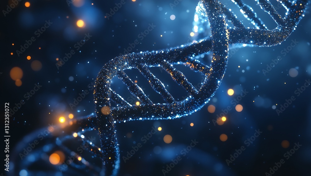 Fototapete Dynamic and artistic representation of a double helix DNA structure illuminated with sparks of light and color : Generative AI
