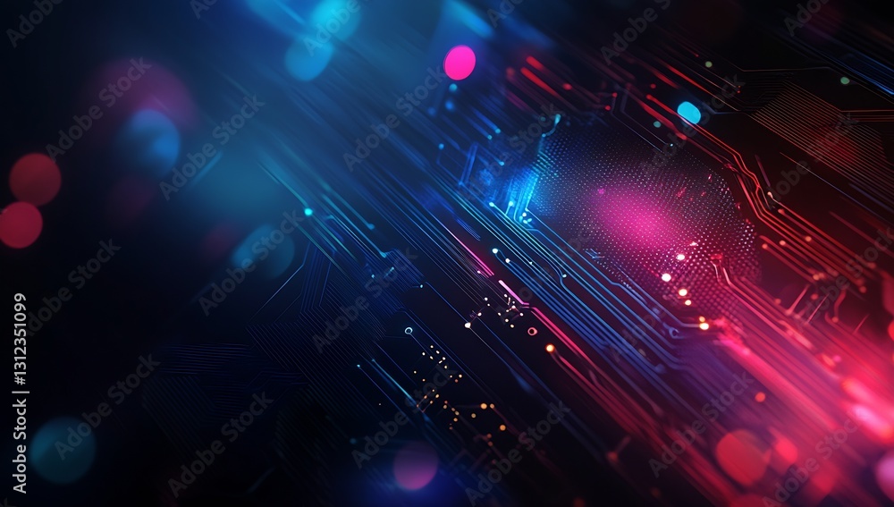 Poster futuristic digital circuit design with vibrant neon lights and glowing accents on a dark background 