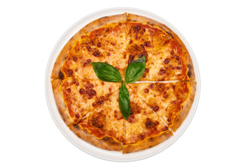 A classic margherita pizza, sliced and beautifully garnished with fresh arugula. Served on a sleek white pizza plate, this elegant presentation highlights the vibrant simplicity of Italian flavors.