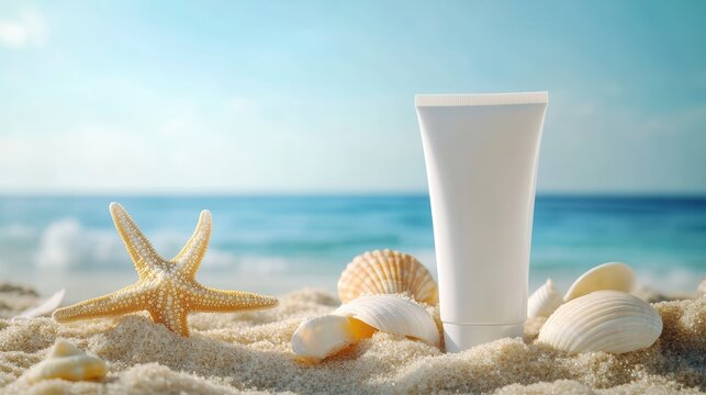 Sunscreen tube and seashells on sandy beach with starfish under blue sky.