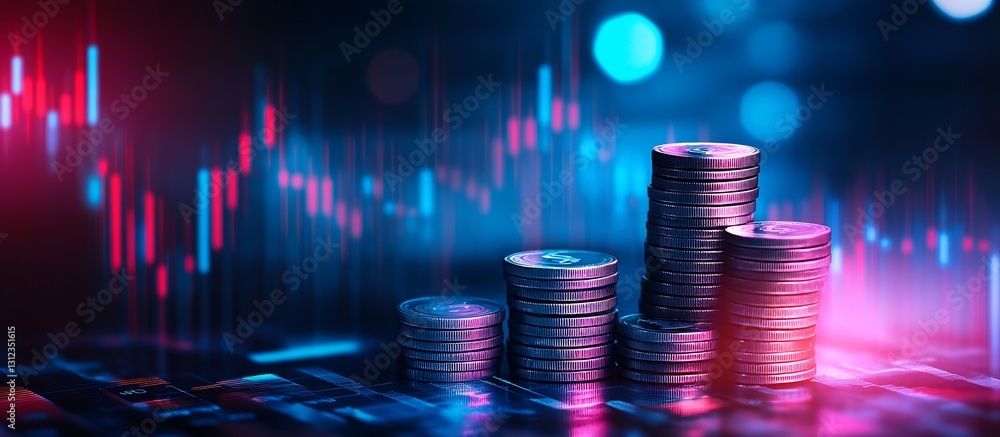 Poster stacks of coins in front of dynamic graphs and data visuals illustrating financial trends and market