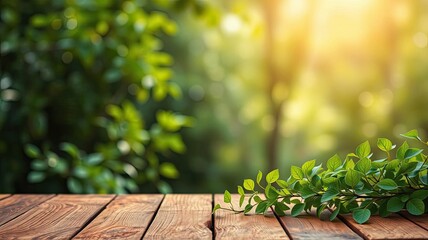 Fototapeta premium Tranquil Spring Nature Scene Wooden Table Green Leaves Sunlight