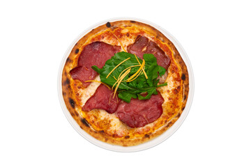 A gourmet smoked meat pizza served on a stylish white plate, garnished with fresh arugula and finely grated carrots. 