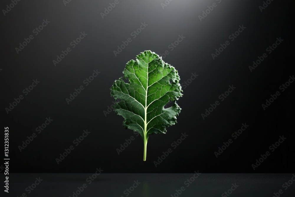 Poster highly structured minimal design featuring singular floating leaf of kale centered against monochrom