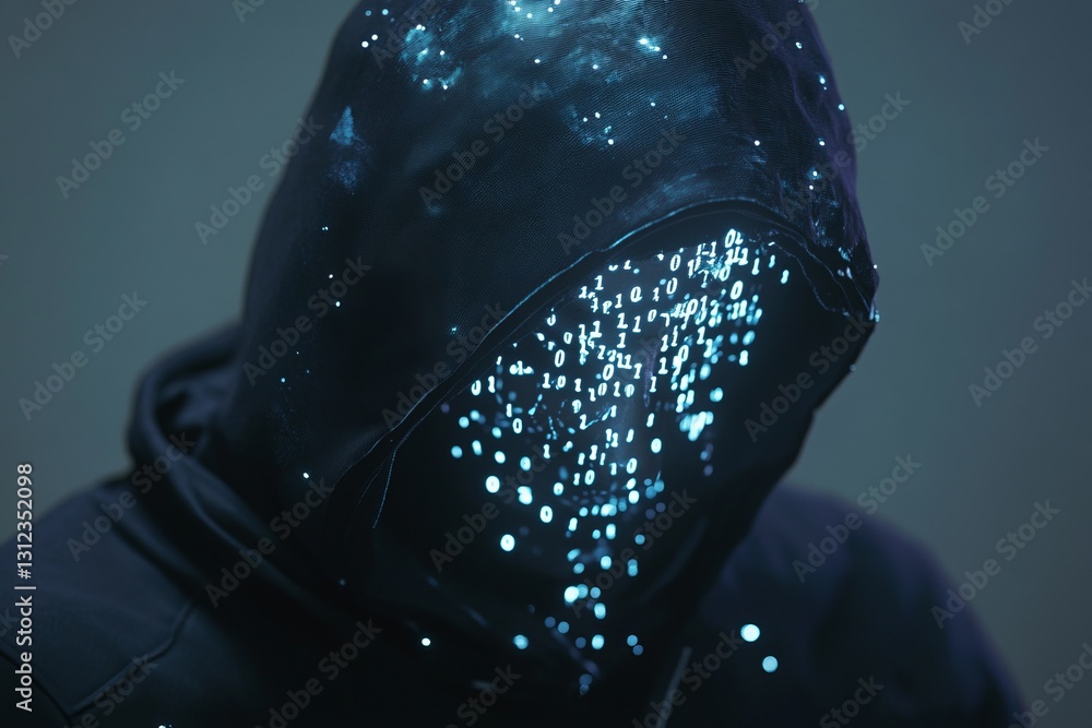 Poster mysterious figure in hoodie with glowing binary code and stars