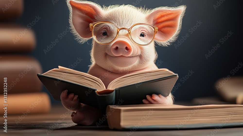 Poster pig wearing glasses is sitting on a table with a book in front of it. the scene is playful and light