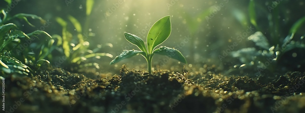 Aufkleber Nurturing Green Seedling Growing in Fresh Soil Under Soft Light Creating an Inviting Natural Atmosphere : Generative AI