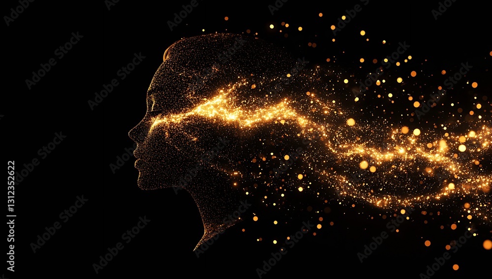 Poster creative artistic image of a female silhouette with glowing effects in a dark setting : generative a
