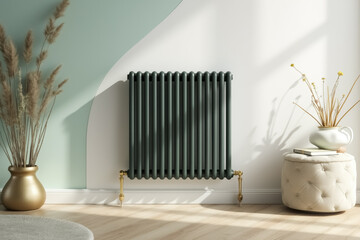 sleek dark teal vertical radiator in a modern home setting