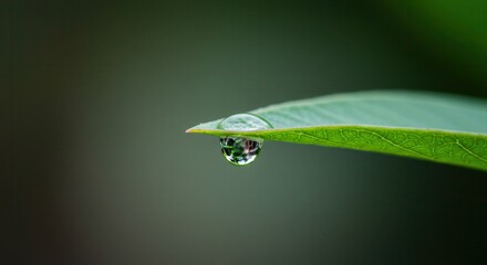 Water Drop on Leaf Edge Reflecting Greenery in a Macro Shot