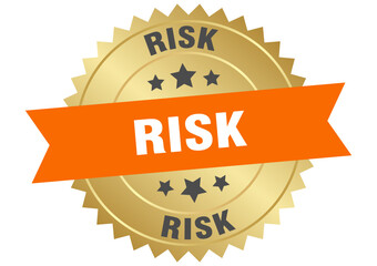 risk. risk round orange and gold label isolated on transparent background