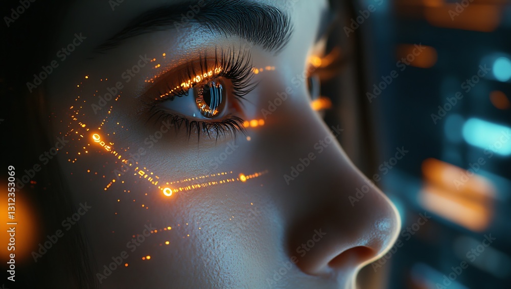 Poster Artistic close-up view of a woman's face highlighted with digital motifs portraying advanced technology : Generative AI