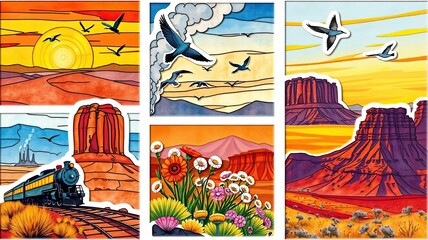 Obraz premium Southwest USA Landscape Collage Sunset Train Desert Flowers Monument Valley