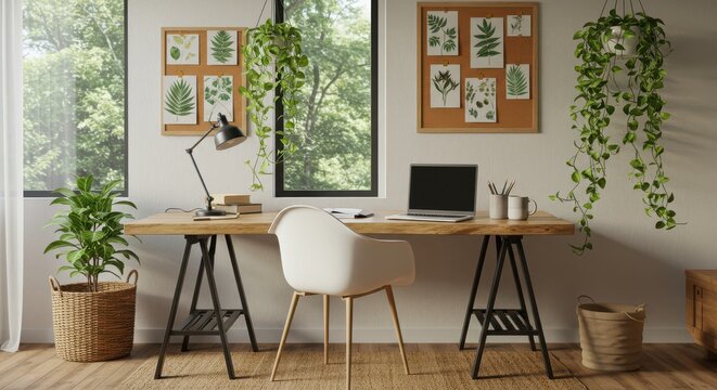 Home Office Setup with Laptop, Greenery, and Natural Light Indoors