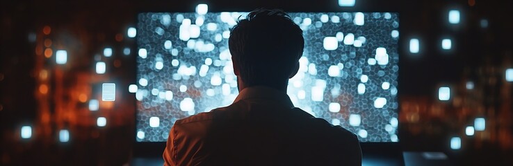 Rear view of a man interacting with a high tech screen in a dark ambient room : Generative AI