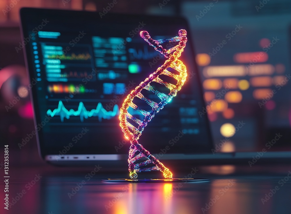 Fototapete Illuminated DNA structure positioned in front of a modern laptop showcasing data analytics : Generative AI