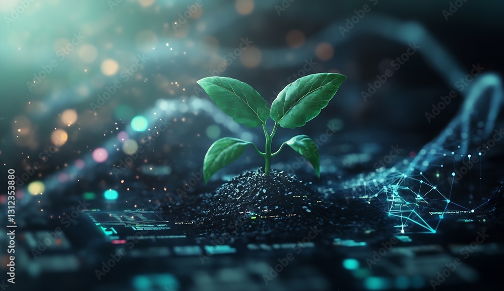 Poster a young green plant emerging from dark soil surrounded by glowing digital elements and charts : gene