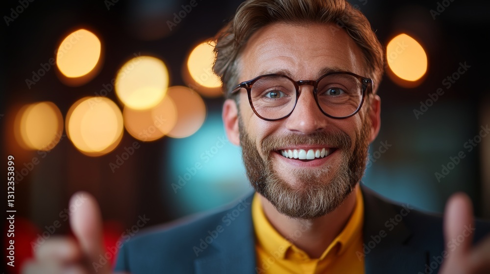 Poster man with glasses is smiling and pointing to the camera. he is wearing a suit and tie and has a beard
