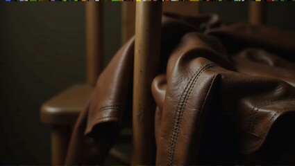 A close-up image of a brown leather jacket draped over a chair, highlighting its soft texture and stitches, capturing the essence of luxury and fine craftsmanship. Generative, AI,