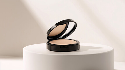 Minimalist compact powder case on an elegant display stand with soft shadows
