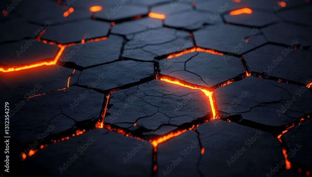 Poster Close up view of glowing lava cracks on black volcanic rock with a striking hexagonal pattern : Generative AI